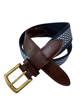 Vineyard Vines Mens Belt Size Small  Blue Whale Logo Print Brown Leather